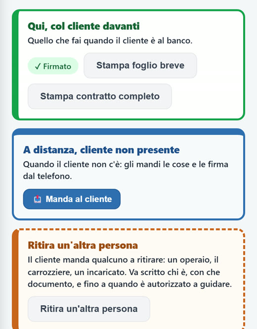 Il contratto di Rinoleggio.Rent sul telefono: col cliente davanti, a distanza, ritira un'altra persona