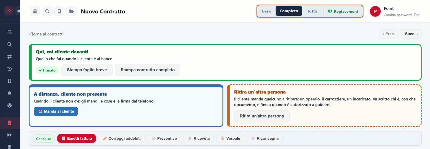 Il contratto in Rinoleggio.Rent: col cliente davanti, a distanza, ritira un'altra persona, e le azioni per fattura, ricevuta e riconsegna