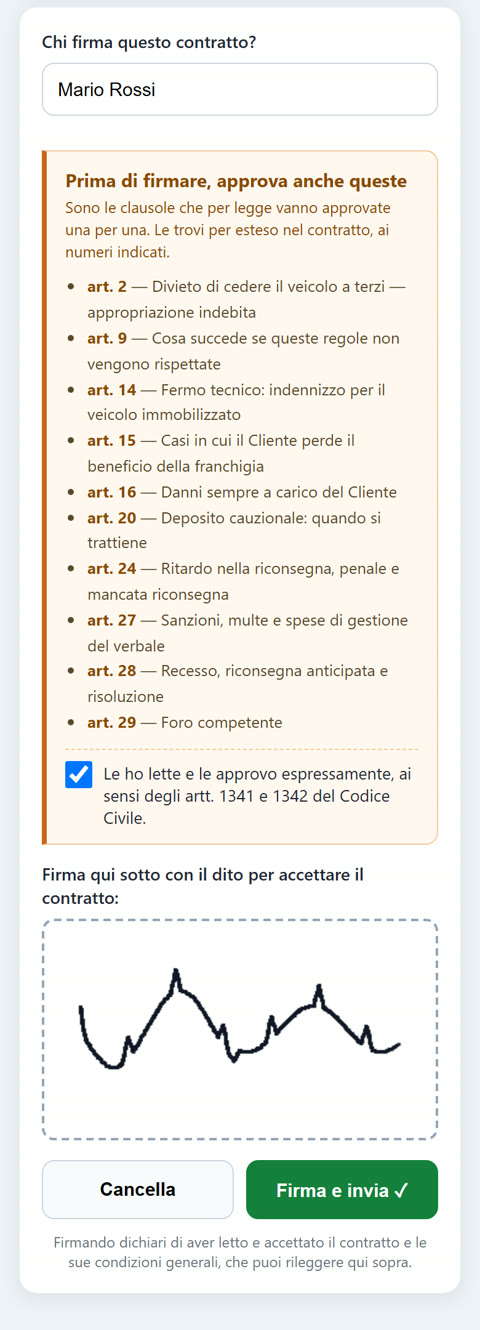 La pagina di firma di Rinoleggio.Rent sul telefono del cliente: le clausole da approvare e il riquadro per firmare col dito